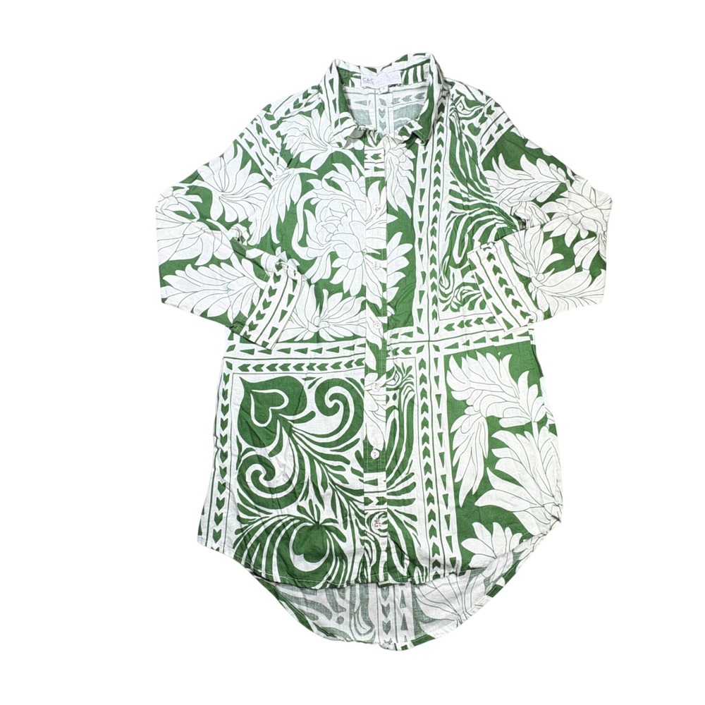 C&C California Green White Tropical Linen Blend Button Down Shirt Tunic S Resort